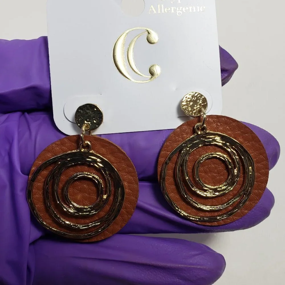 Stylish Gold Spiral Hoop & Brown Leather Drop Stud Earrings 4 Fashionable Women